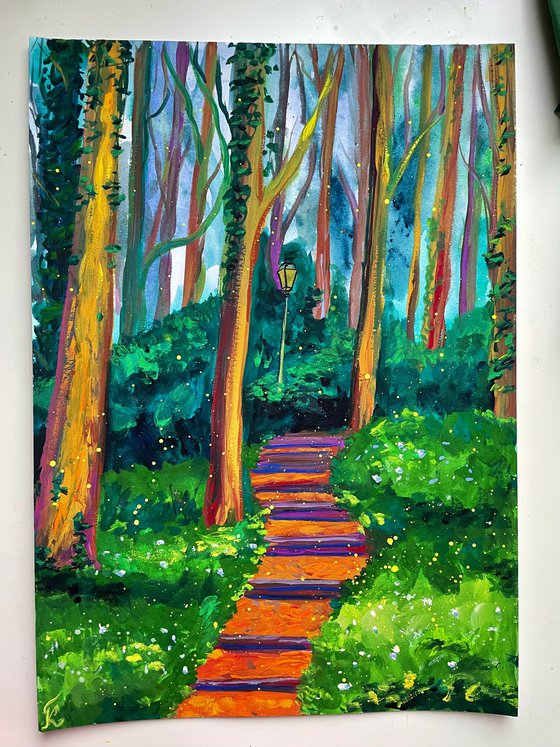 Forest Original Gouache Painting, Green Wall Art, Trees Artwork, Cottagecore Home Decor