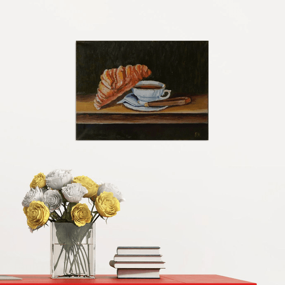 Artist's breakfast, croissant, cup of tea, palette knife . Still life. 30x40cm