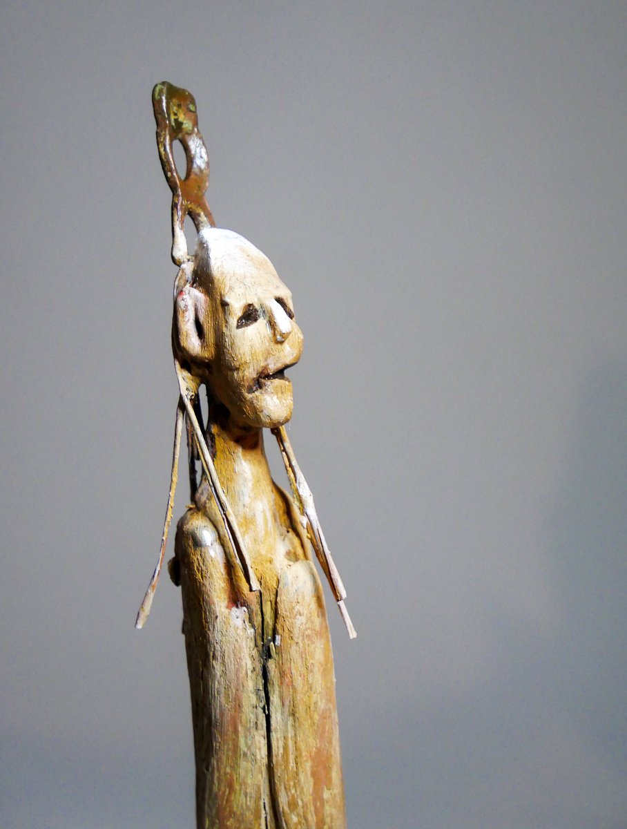 Expressive Portrait Wood Sculpture By Lionel Le Jeune, 3 X 11", Figure-Totem, Original Artwork