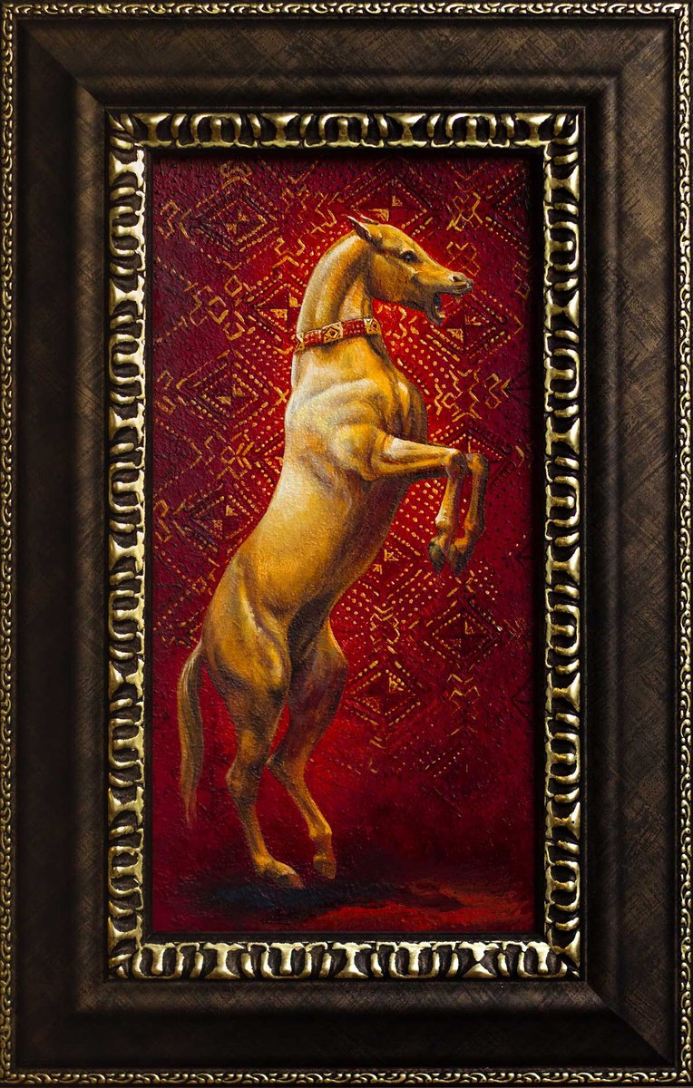 Golden Akhal-Teke. Miniature oil painting by Ekaterina Styazhkina