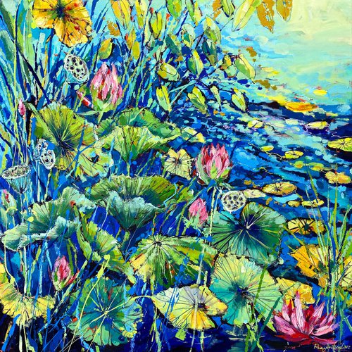 Pink Flowers and Water Lilies by Irina Rumyantseva