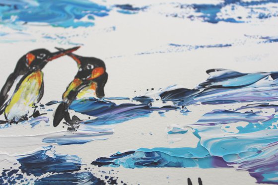 Penguin World - "We the Planet , 2018 " - Birds Landscape Impasto Painting on 300 GSM Handmade Paper - Bird Art