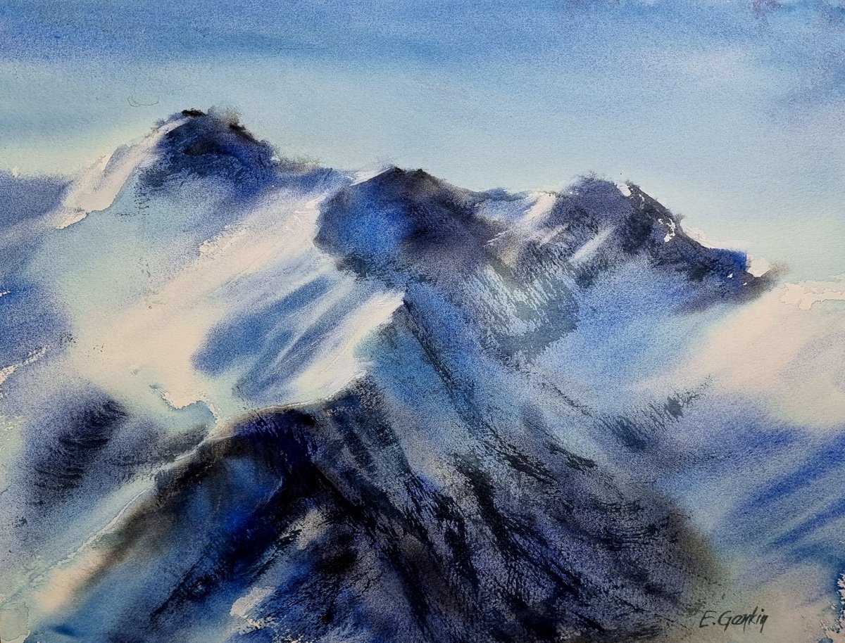 Impressionistic Landscape Watercolour By Elena Genkin, 16 X 12, Winter Mountains - 12, Original Artwork