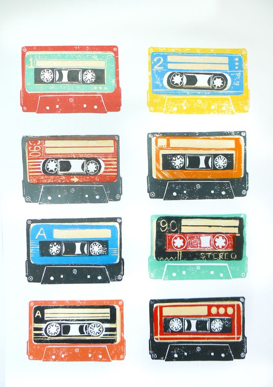 Linocut tapes #23 (cassette tapes, retro music, 70's, 80's rock culture)