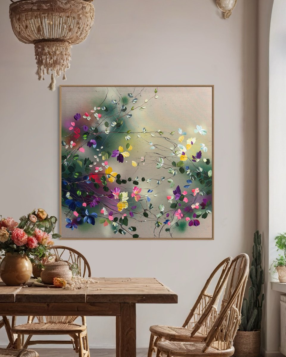 Expressive Botanical Acrylic Painting By Anastassia Skopp, 39 X 39, Ethereal Drift, Original Artwork