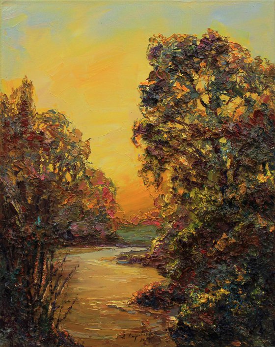 Warm evening sunset near the river