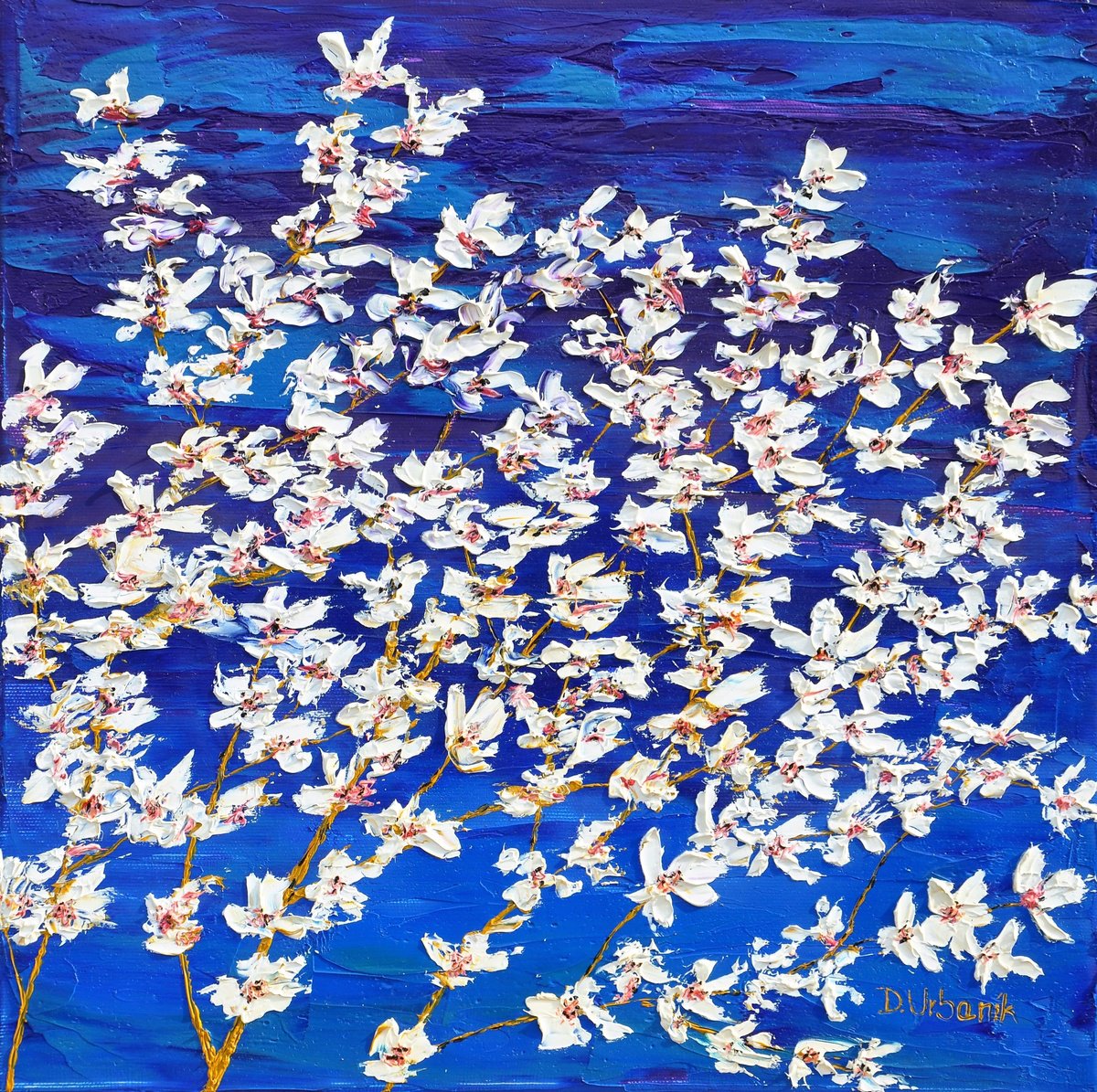 Impressionistic Botanical Oil Painting By Daniel Urbani?k, 16 X 16, Flowering Cherries 4, Original Artwork