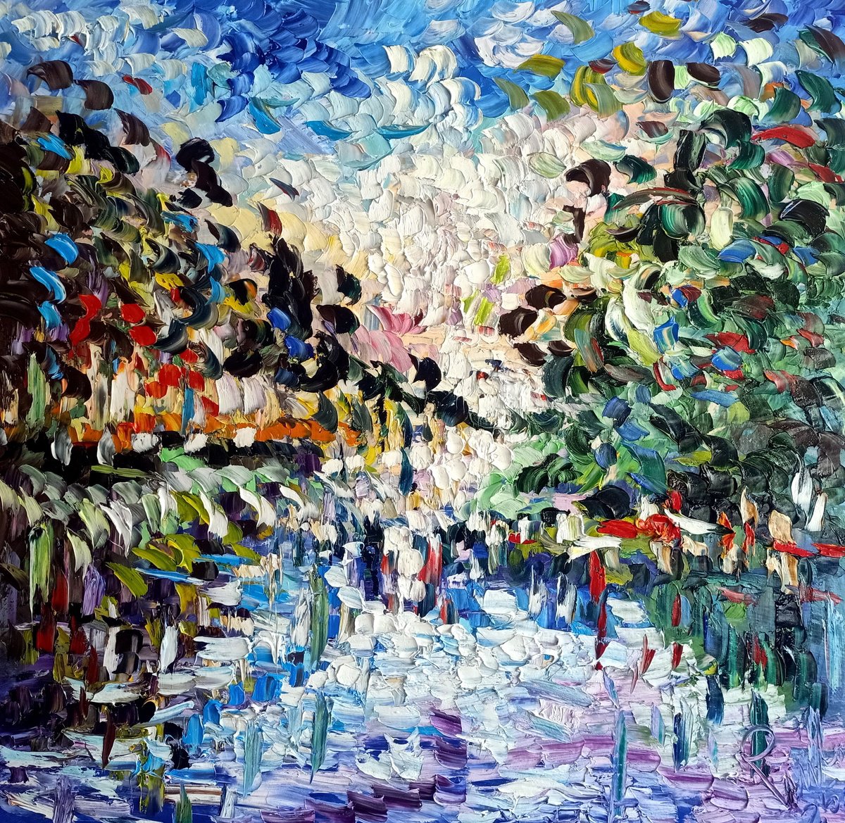 Impressionistic Abstract Oil Painting By Antonino Puliafico, 43 X 43, Summer Evening Lights, Original Artwork