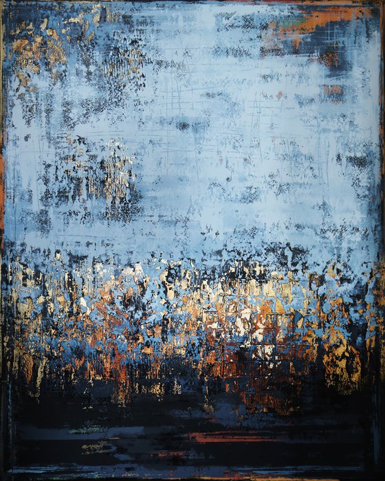 NIGHT SKY - 150 x 120 CM - TEXTURED ACRYLIC PAINTING ON CANVAS * BLUE * GOLD