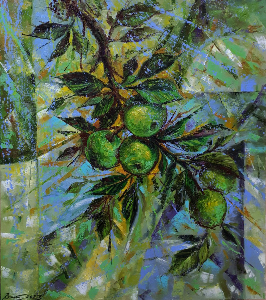 Impressionistic Botanical Oil Painting By Serhii Voichenko, 28 X 32", Green Apples, Original Artwork