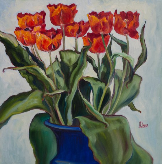 Tulips in a Blue Vase