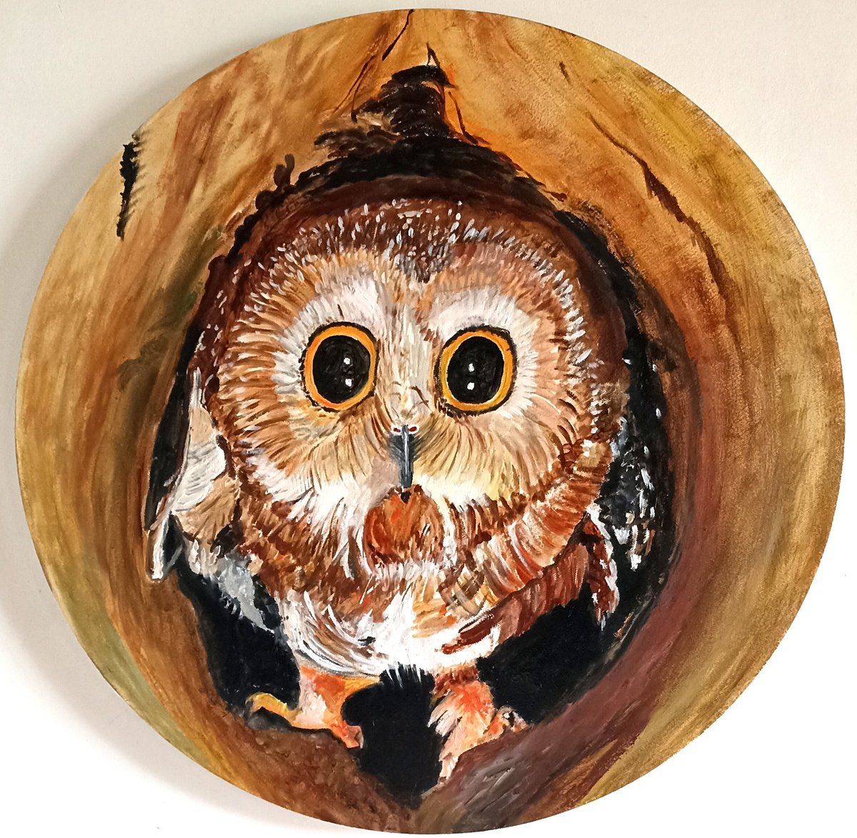 Impressionistic Animal Oil Painting By Isabelle Lucas, 20 X 20, A Owl In A Hole, Original Artwork