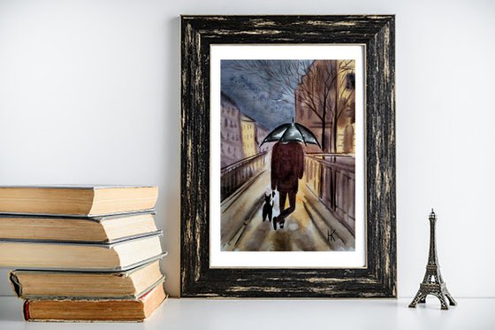 NYC Painting Cityscape Original Art Man Walking Dog Small Watercolor Artwork New York Wall Art 8 by 12" by Halyna Kirichenko