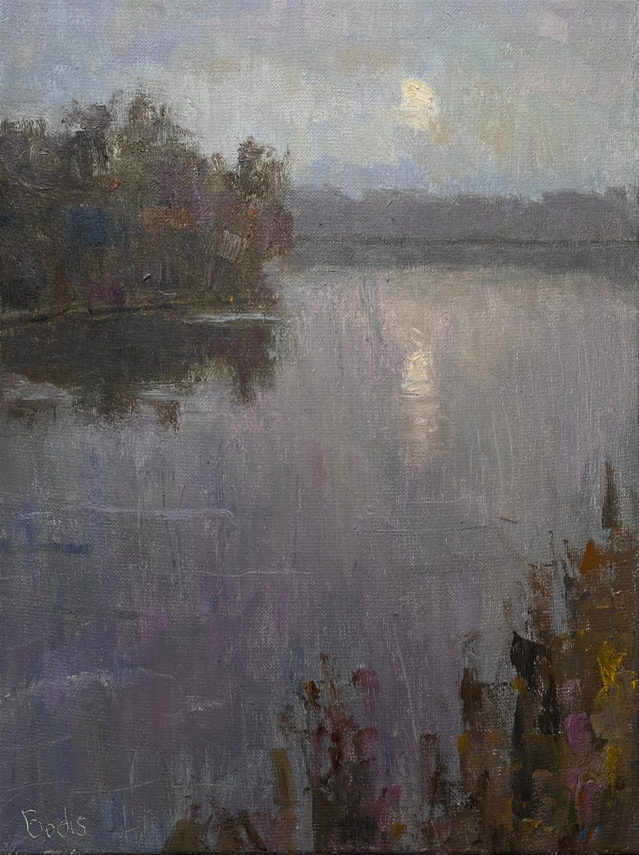 Impressionistic Landscape Oil Painting By Bohdan Dobrivskyi, 12 X 16, Moon Over The River, Original Artwork