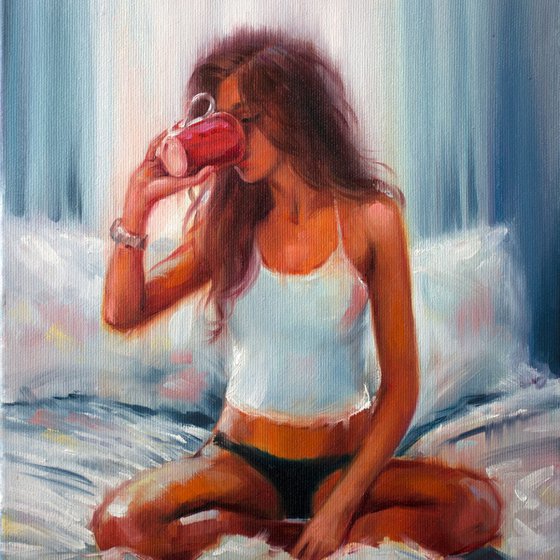 BUT FIRST COFFEE (Beautiful girl Oil Painting Portrait)