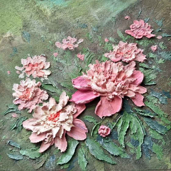 Miniature pink peonies. A small floral botanical relief. 3d painting of spring flowers with ceramic petals.
