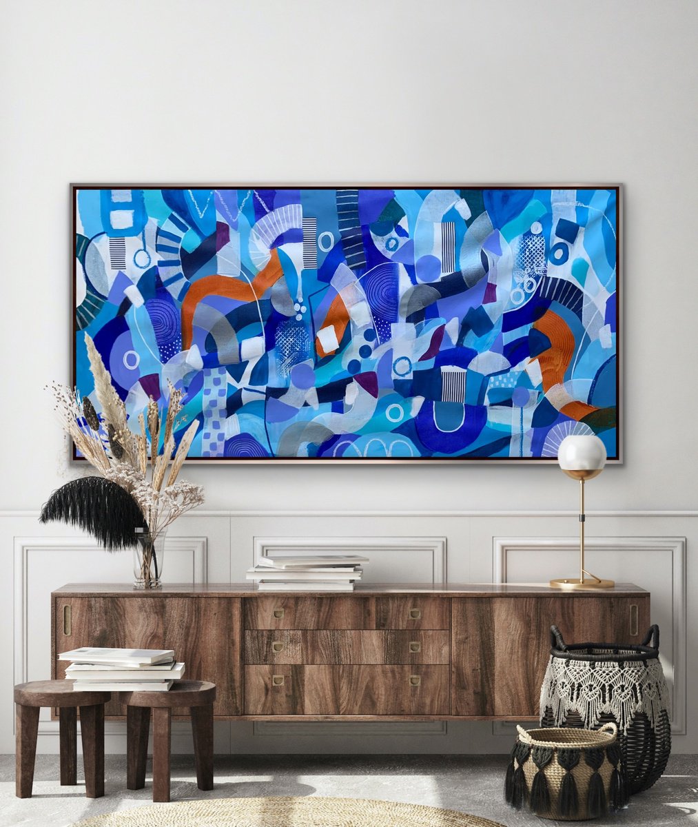 Organic Abstract Acrylic Painting By Rashna Hackett, 72 X 37", Because The Sky Is Blue Xxxl, Original Artwork