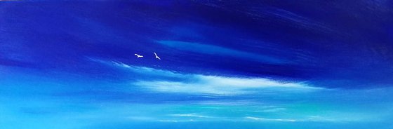 Fly Away With Me - Blue, Birds Flying, Panoramic, Cornwall, Scotland, Coast, Seascape