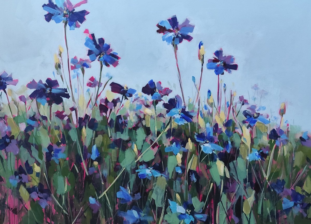 Impressionistic Botanical Acrylic Painting By Volha Belevets, 39 X 29", Cornflower Field, Original Artwork