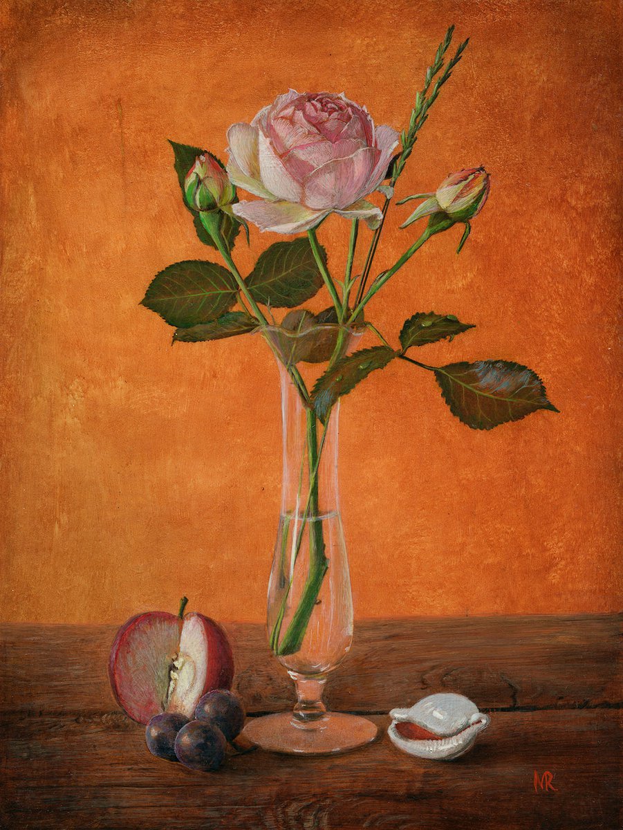 Pink Rose with Shell and Fruit by Monica Rus