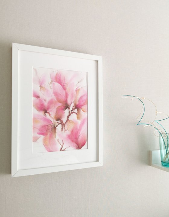 Watercolor floral painting Spring magnolias