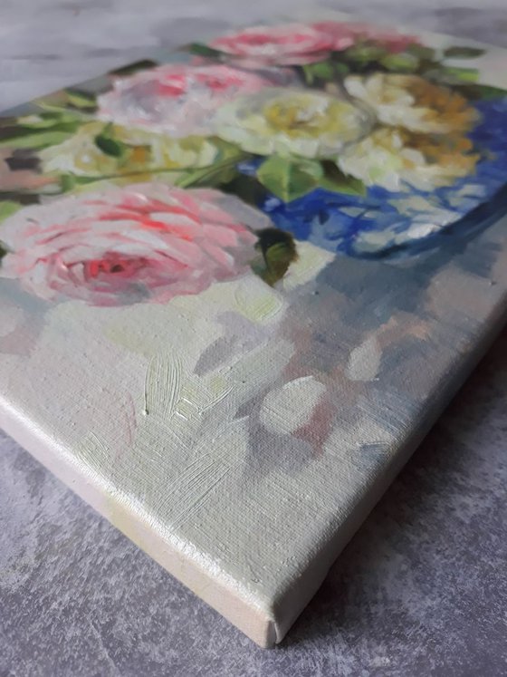 Roses love, floral oil painting on canvas, yellow pink roses in a blue vase