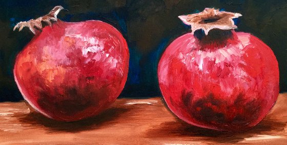 Still life with two  Pomegranates fruits still life original oil painting on canvas wall decor