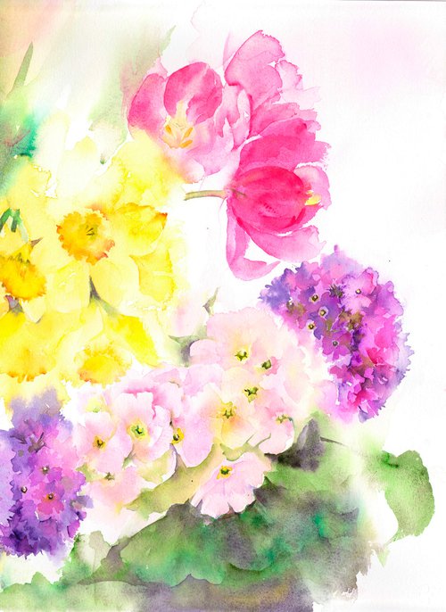 Original watercolour painting of spring flowers - Tulips, Daffodils and Primroses by Anjana Cawdell