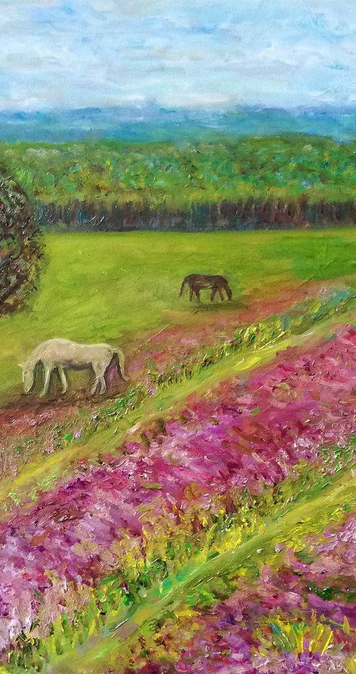 "Lavender Field with Horses in Pasture" - Original Oil on Canvas Painting 40x50 cm (16 by 20") by Katia Ricci