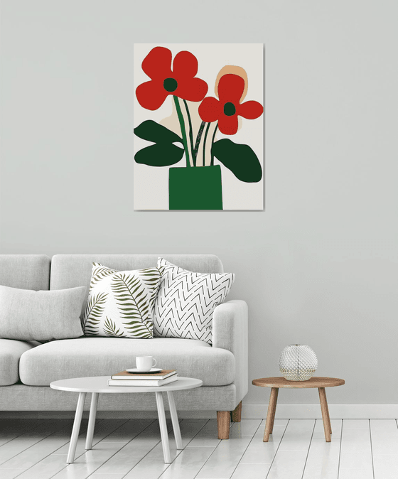 Red Flowers in Green Vase