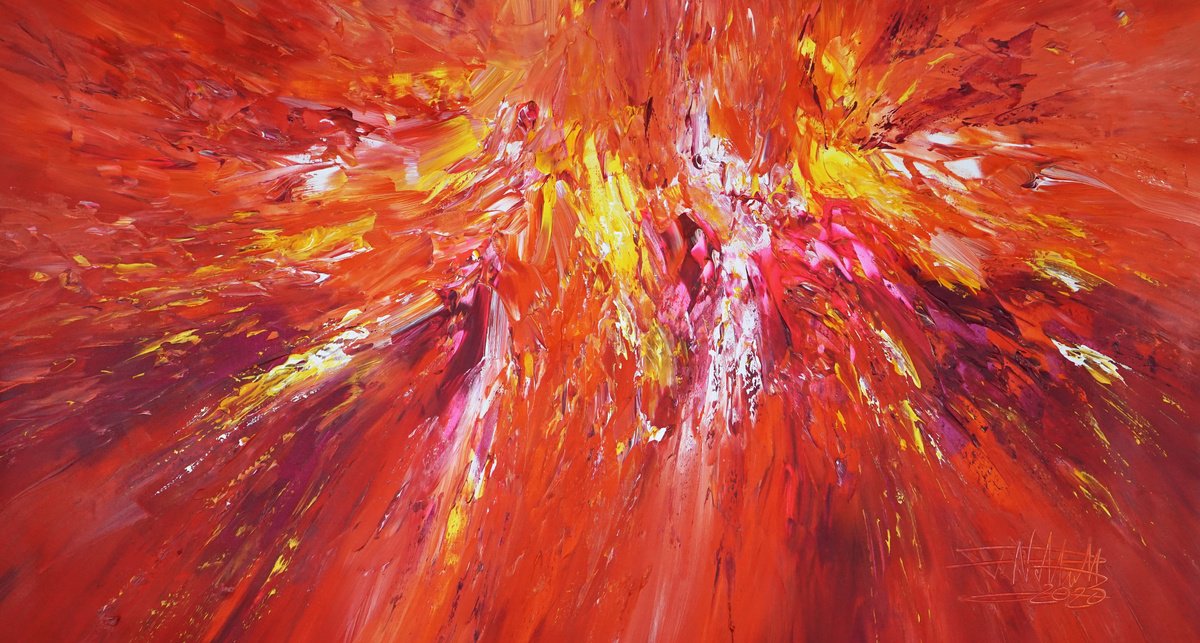 Abstract Acrylic Painting By Peter Nottrott, 61 X 33", Yellow Red Adventure L 1, Original Artwork