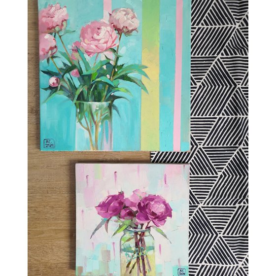 "Pink peonies on a blue background with stripes"