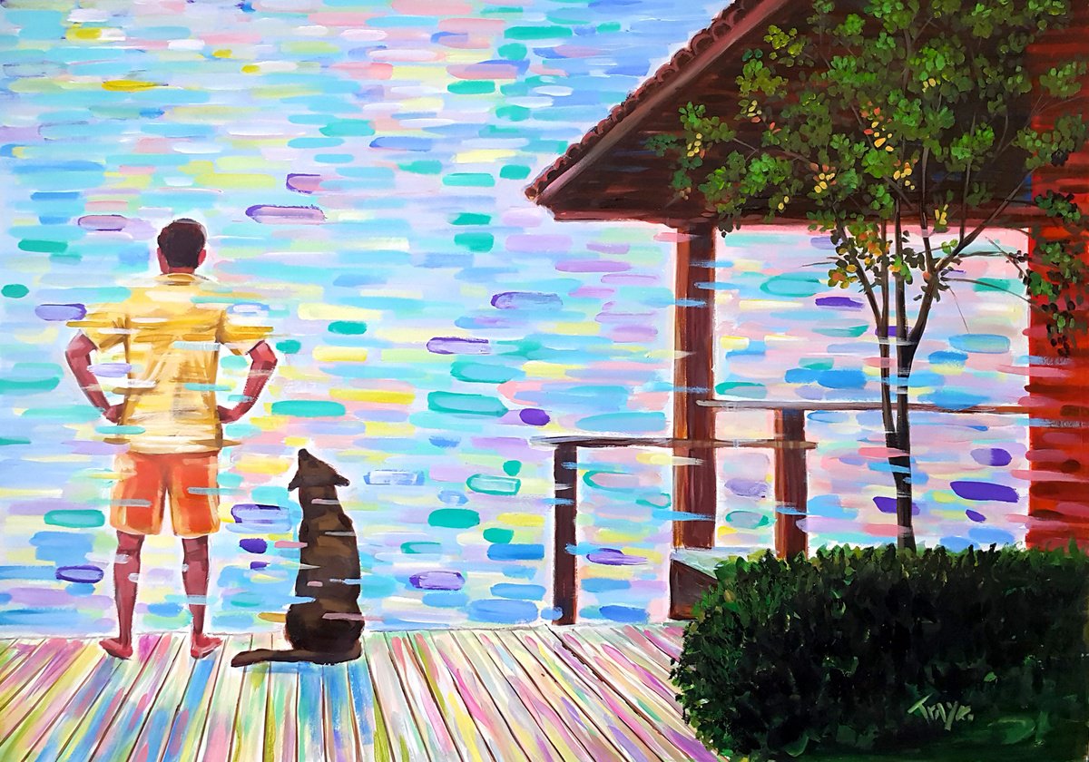 Abstract Portrait Acrylic Painting By Trayko Popov, 40 X 28", Friends | Magical Summer, Original Artwork