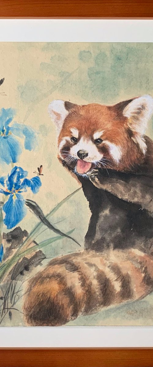 Red Panda & Blue Irises Original Brush Art, Framed Wall Art by Fiona Sheng