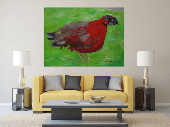BIRD - animal art, original oil painting, interior home decor,  large size, red green coloured