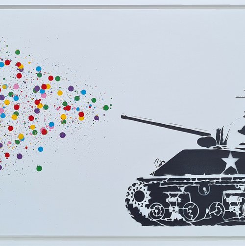 "Make Art..." - Anti war street art, urban pop tank art on canvas spray paint Banksy style stencil colourful abstract explosion splashes splatter military cnd graffiti by Johnman