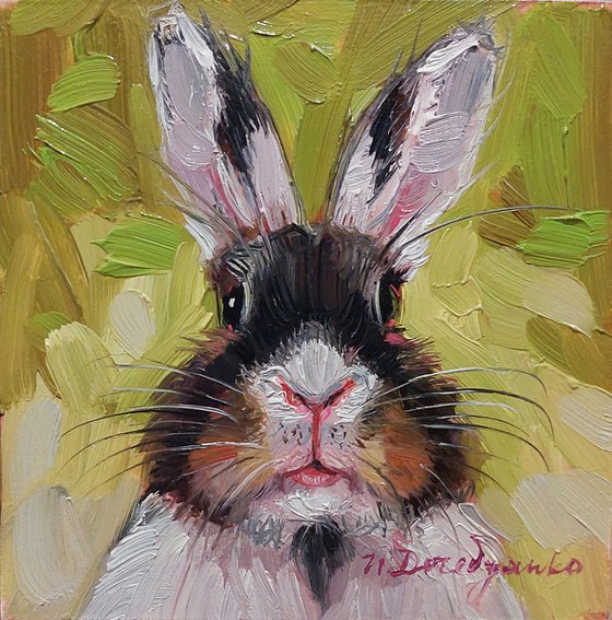 Funny rabbit oil painting original art 4x4, White black Bunny illustration nursery wall art