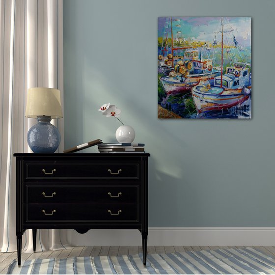 Painting Fishing boats, Nautical Painting, boat yacht bay