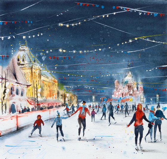 Skating rink on Red Square, Moscow. Original watercolor artwork.