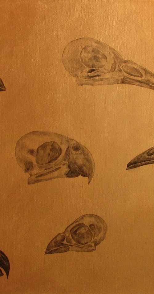 Bird skulls on a golden background by Monika Wawrzyniak