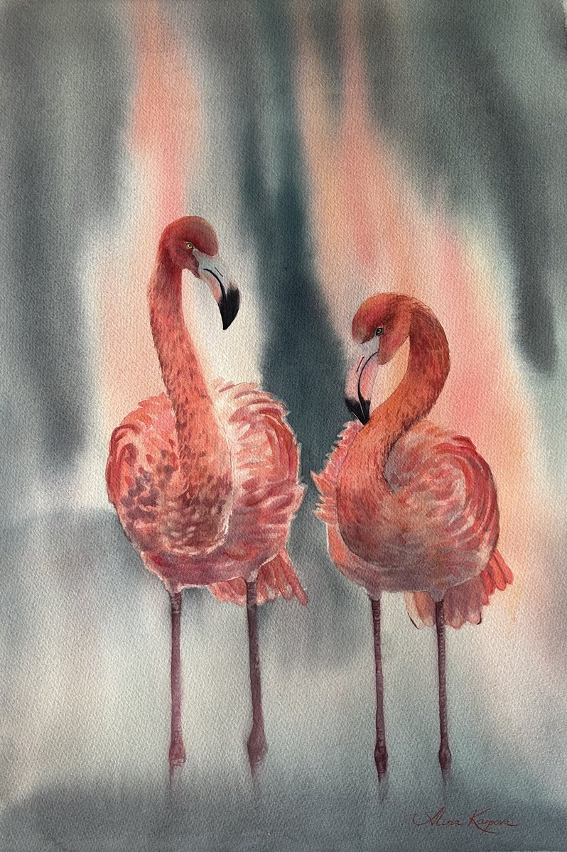 Impressionistic Animal Watercolour By Alina Karpova, 15 X 22, Flamingo, Original Artwork