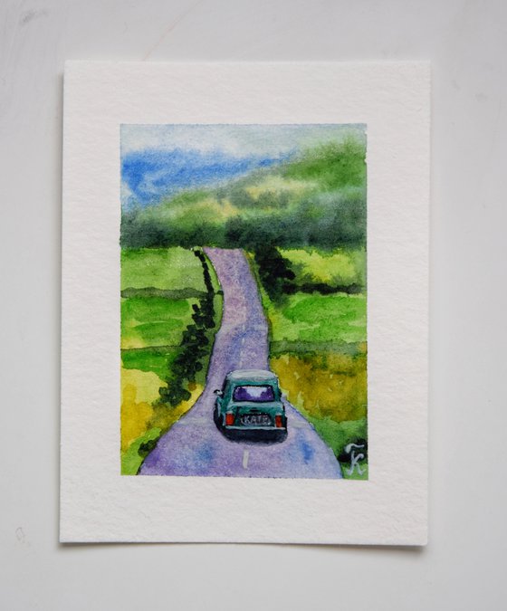 Miniature watercolor paintings, set of 4 tiny artworks, small original polaroid art