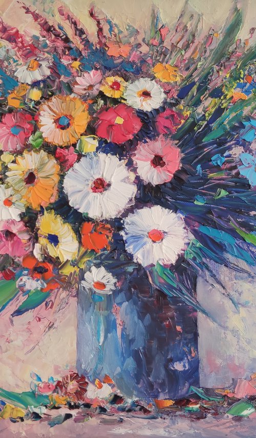 Field flowers in a vase (50x70cm, oil painting,  ready to hang) by Hayk Miqayelyan