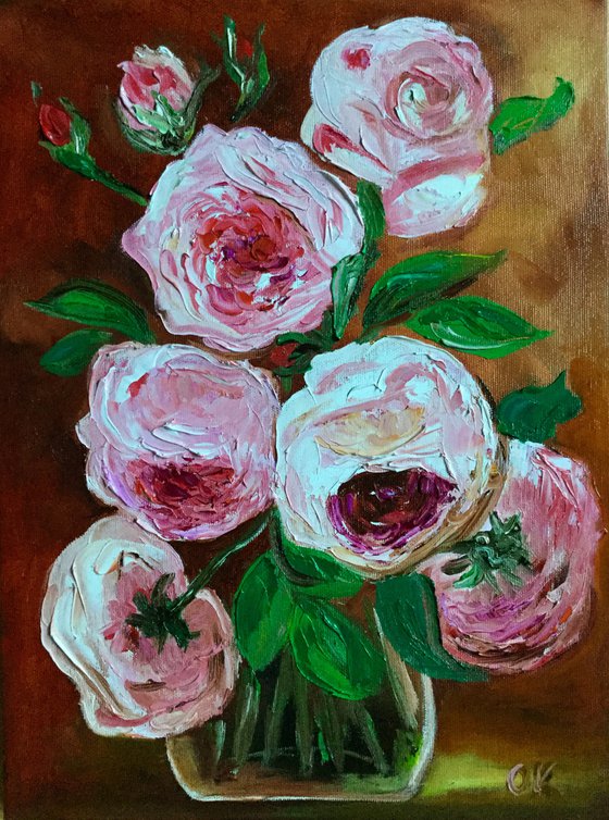 BOUQUET OF CORAL ROSES #4 palette knife modern red pink still life  flowers Dutch style office home decor gift