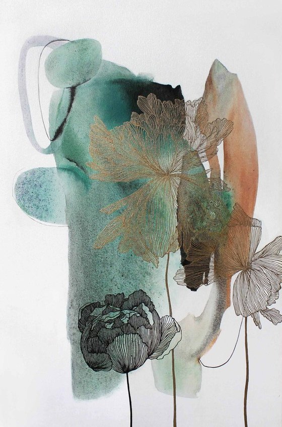 "Green Thincord" Green gold flowers art