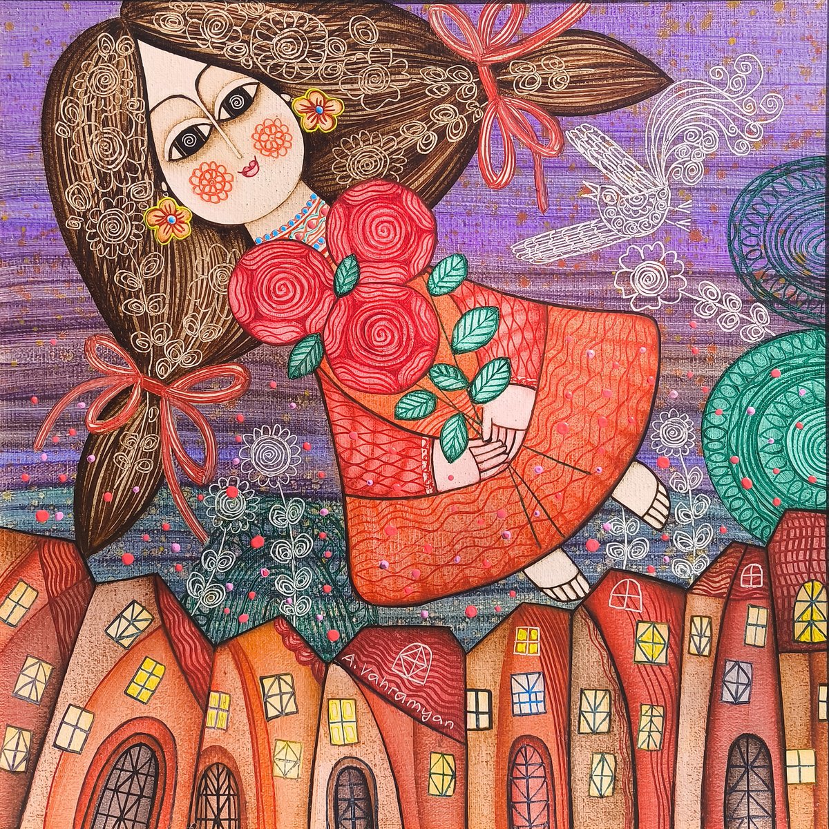 Naive Portrait Oil Painting By Armen Vahramyan, 16 X 16, Heart Full Of Roses, Original Artwork