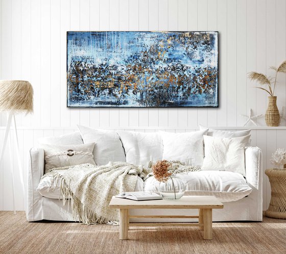 WILD SEA * 63" x 31.5" * ACRYLIC PAINTING ON CANVAS * WHITE * BLUE * GOLD