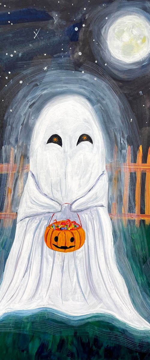Halloween Gouache Painting Original, Ghost Wall Art, Cute Spooky Artwork, Fall Home Decor by Kate Grishakova