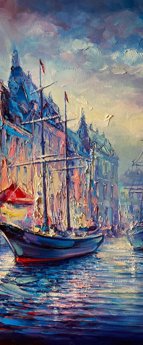 "Night harbor"Original Oil painting on canvas 70x50 cm by Artem Grunyka