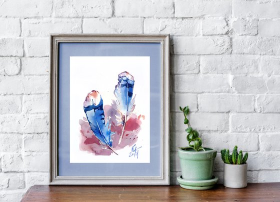 Watercolor sketch "Two blue bird feathers" original illustration
